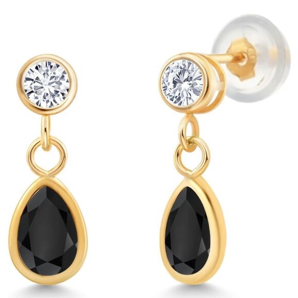 14K Yellow Gold with 0.76 Cttw Black Onyx and White Diamond Post Back Earrings - Picture 2 of 4